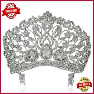 Large Floral Rhinestone Tiara Crown with Hair Comb Headband